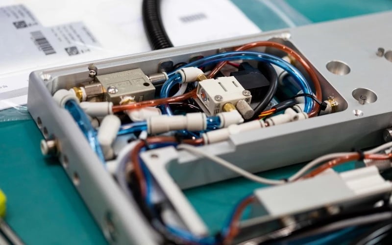 A close up image of a machined metal enclosure consisting of blue and brown pneumatic tubes and connectors.