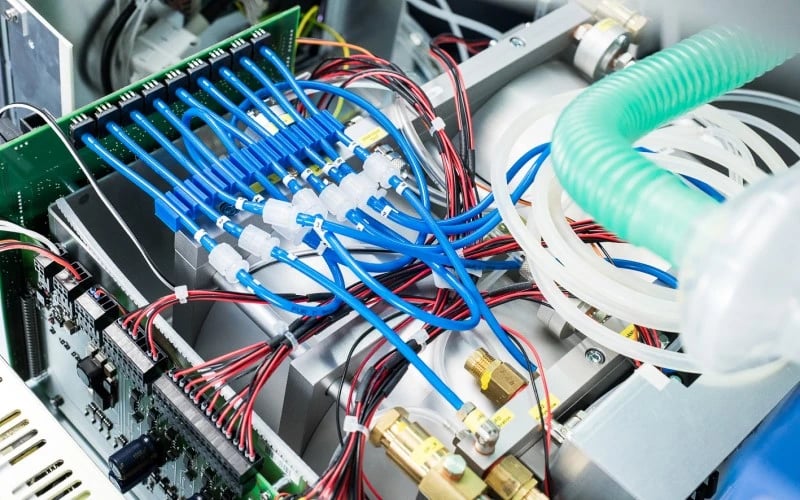 The inside of a medical respirator showing cables, PCBAs and pneumatic tubes.