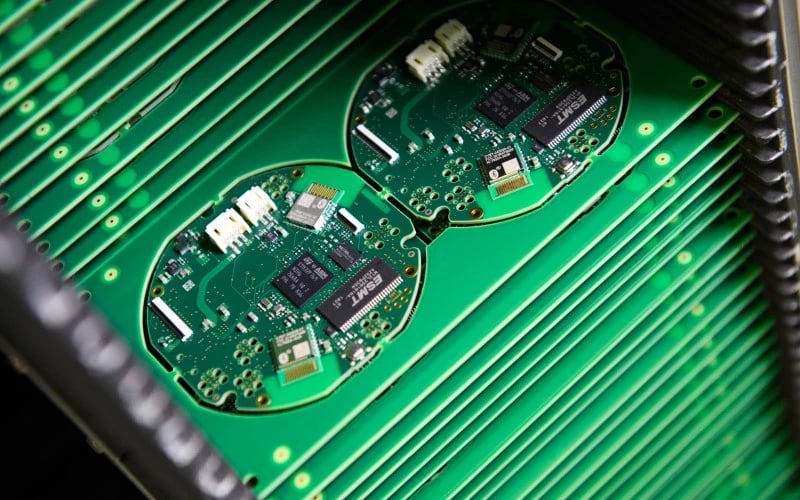 A close up of a stack of round green PCBAs still within their panel after production. 